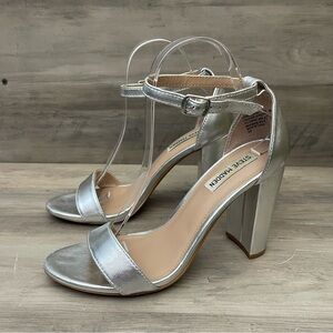 Steve Madden Women’s 9 Carrson Block Heel Leather Silver Metallic Strappy Heels
